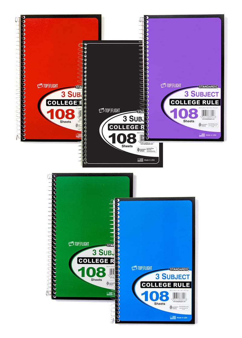 Top Flight Standards 3-Subject Wirebound Notebook, 108 Sheets, College Rule, 9.5 x 6 Inches, 1 Notebook, Cover Color May Vary (33601) - Image 3